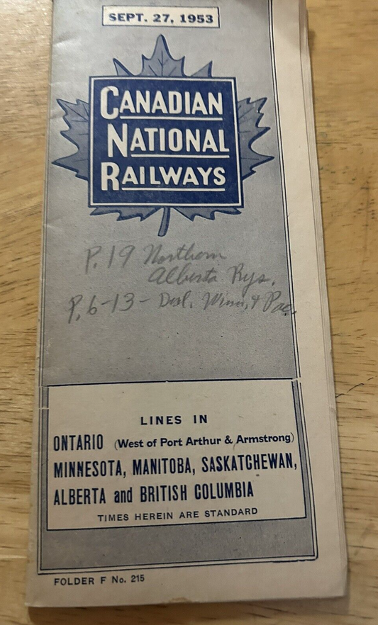 CANADIAN NATIONAL RAILWAYS TIMETABLES SEPTEMBER 27. 1953