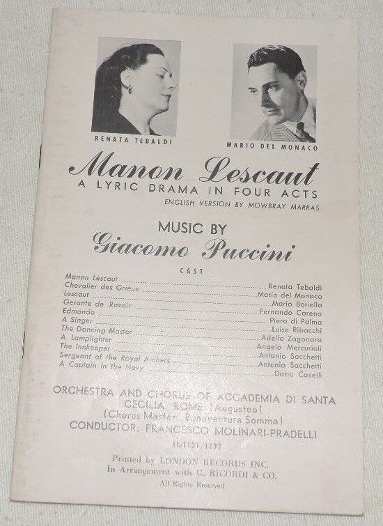 Vintage "Manon Lescaut" A Lyric Drama Playbill, (In Italian and English)