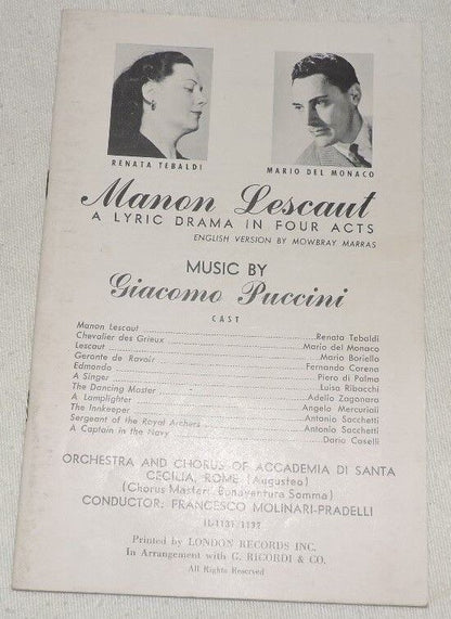 Vintage "Manon Lescaut" A Lyric Drama Playbill, (In Italian and English)