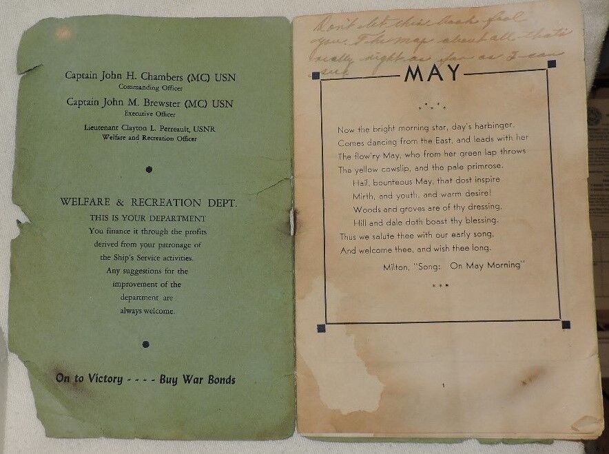 Vintage WWII (1945) United States Naval Hospital Booklet May 1 to June 1 1945