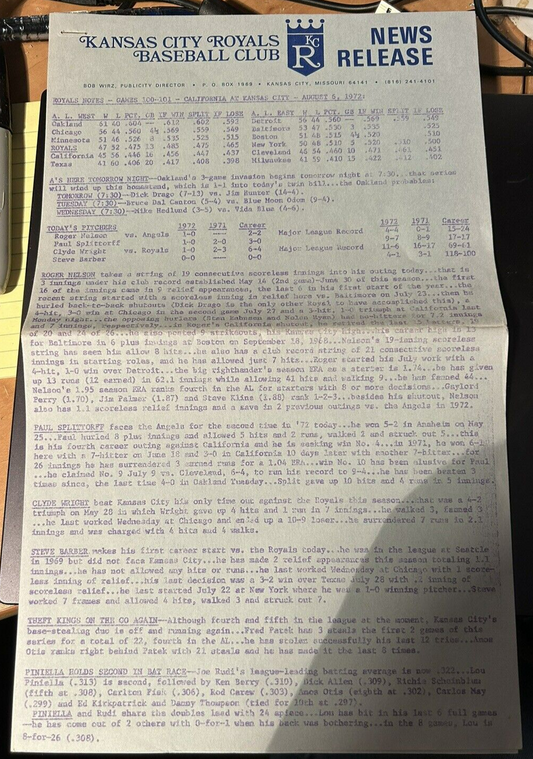 August 6, 1972 Kansas City Royals Baseball Club News Release (California)