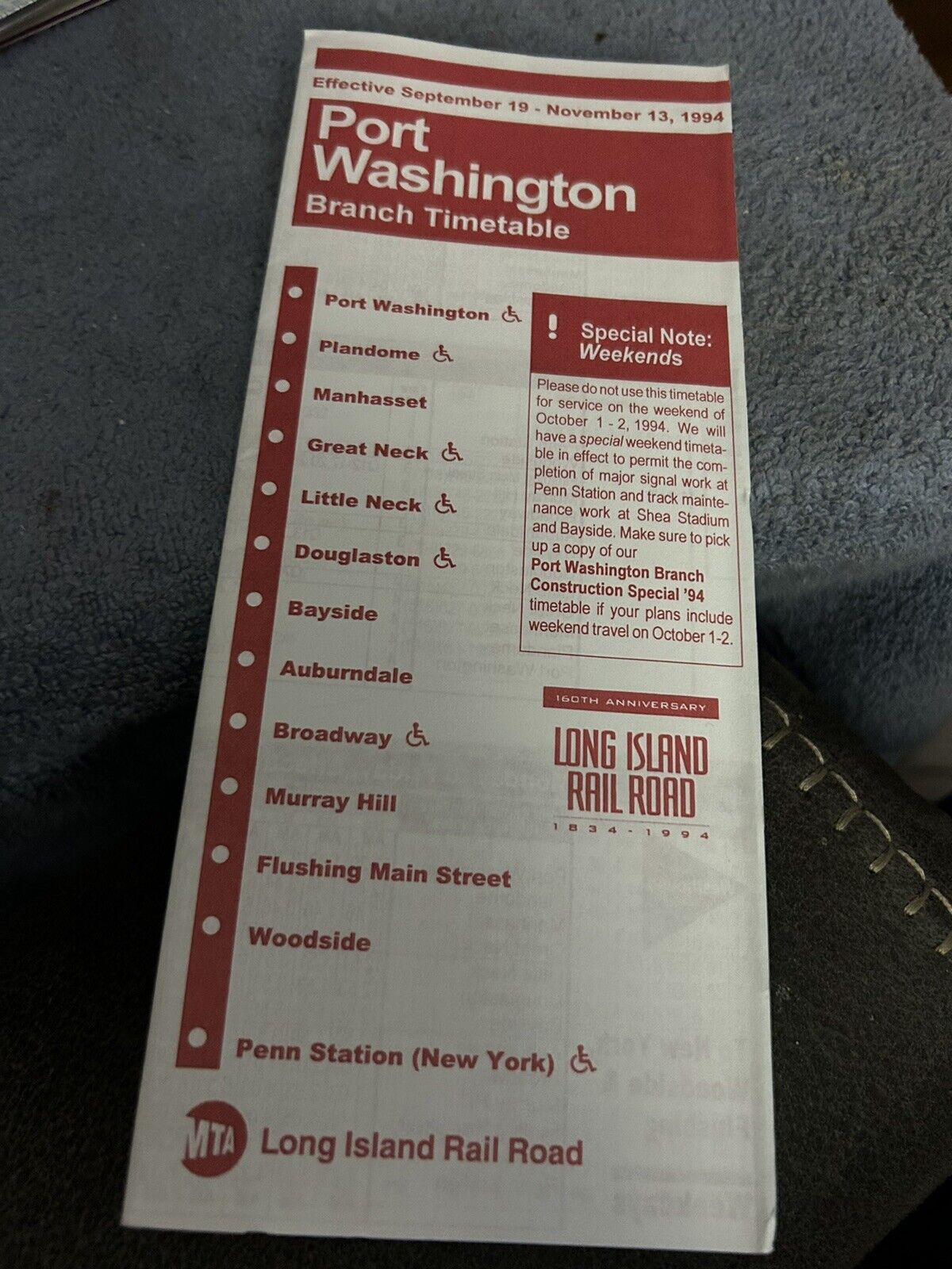 TIMETABLE: LONG ISLAND RAIL ROAD  PORT WASHINGTON  9/19-11/13, 1994