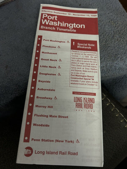 TIMETABLE: LONG ISLAND RAIL ROAD  PORT WASHINGTON  9/19-11/13, 1994