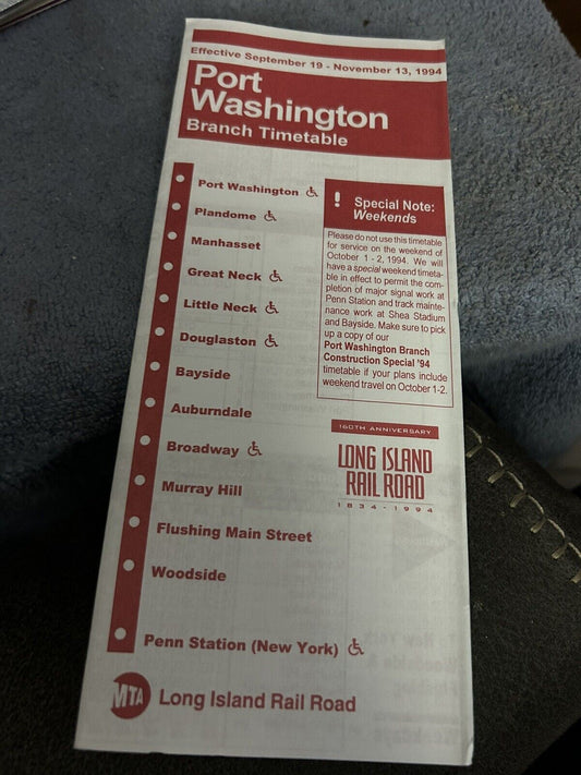 TIMETABLE: LONG ISLAND RAIL ROAD  PORT WASHINGTON  9/19-11/13, 1994