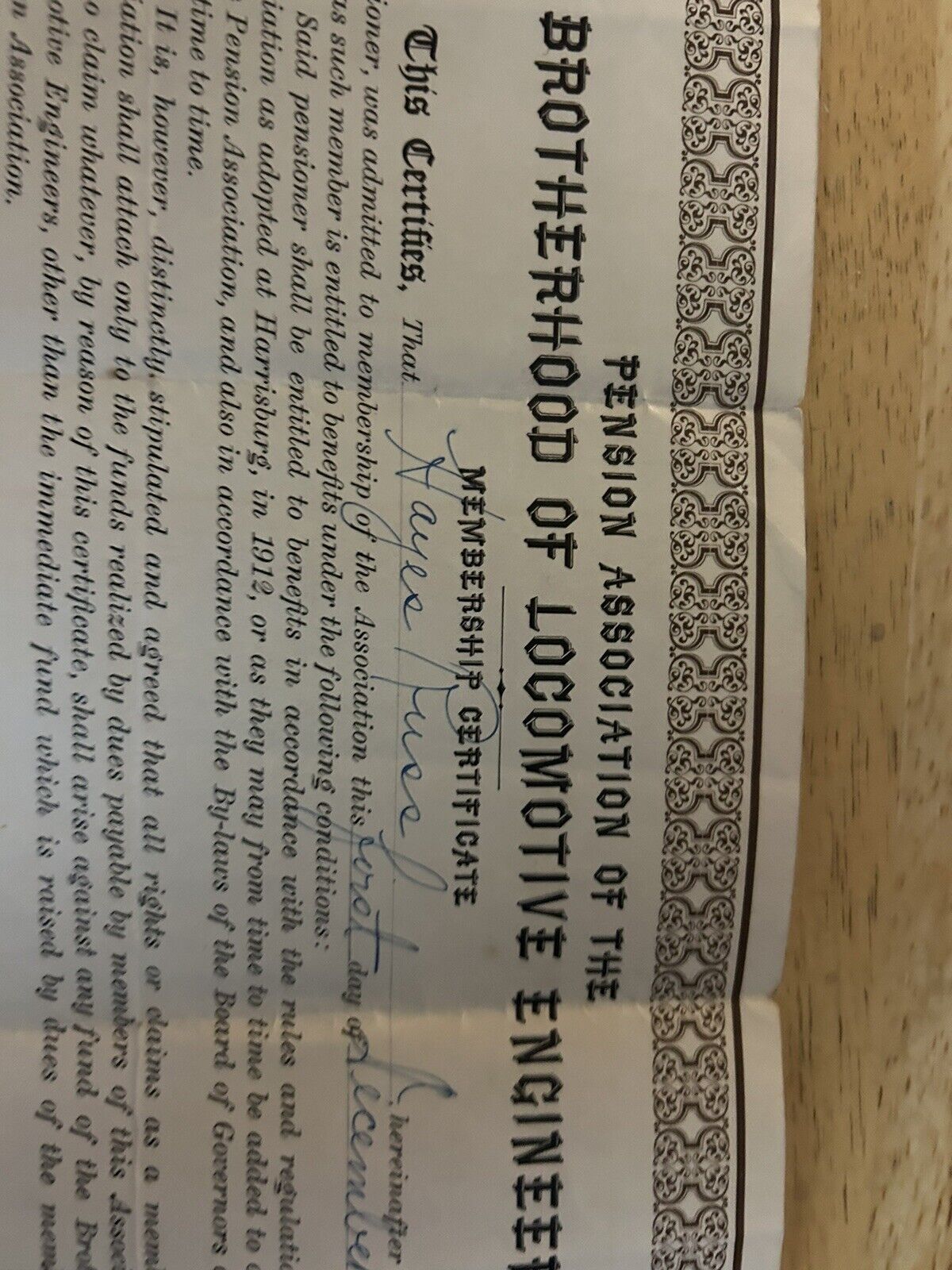 PENSION ASSOCIATION OF THE BROTHERHOOD OF LOCOMOTIVE ENGINEERS CERTIFICATE 1921