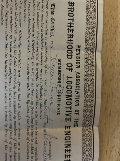 PENSION ASSOCIATION OF THE BROTHERHOOD OF LOCOMOTIVE ENGINEERS CERTIFICATE 1921