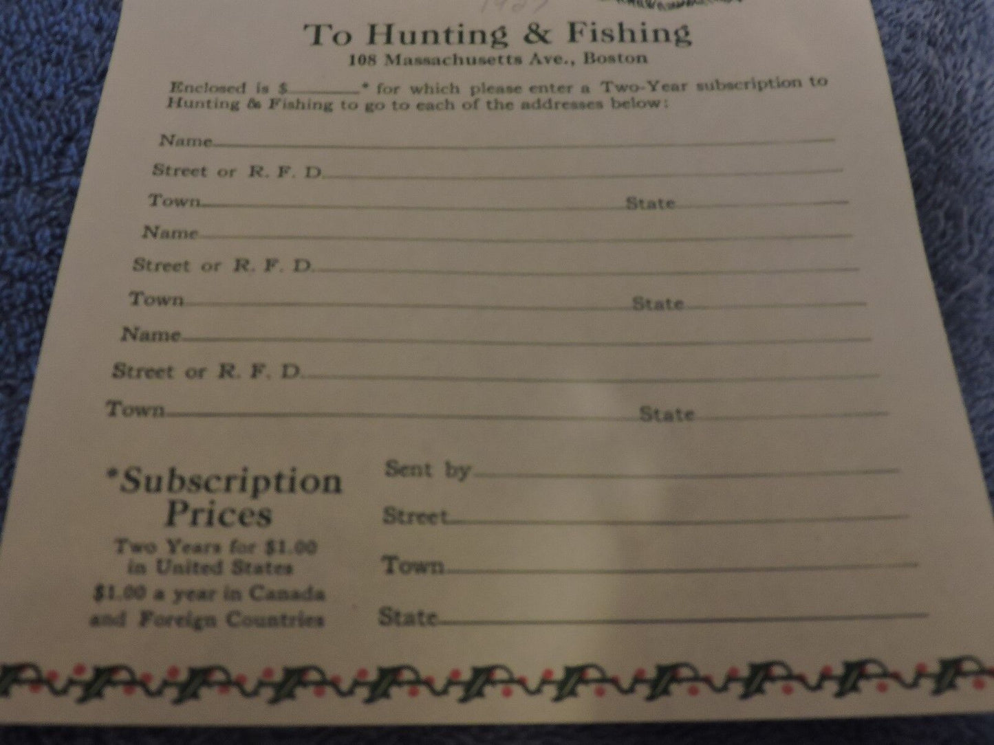 Hunting + Fishing Subscription Order Form (1927)