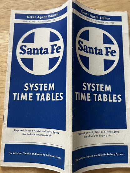 SANTA FE SYSTEM TIMETABLES TICKET AGENT EDITION JUNE-SEPTEMBER 1951