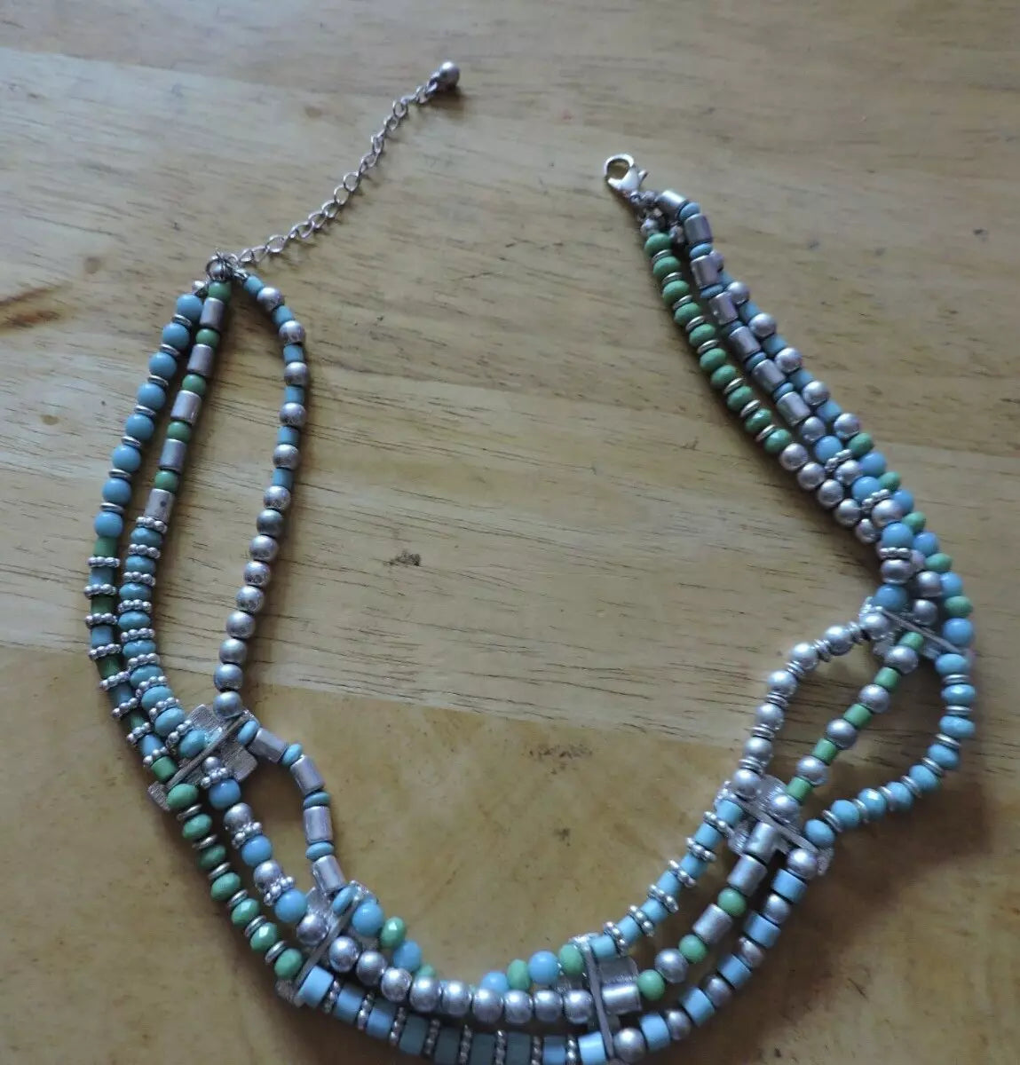BLUE/SILVER BEADED NECKLACE WITH 5 CRUCIFIXES
