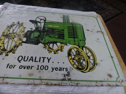 JOHN DEERE TRACTOR " QUALITY...FOR OVER 100 YEARS" METAL SIGN 16X12 INCHES