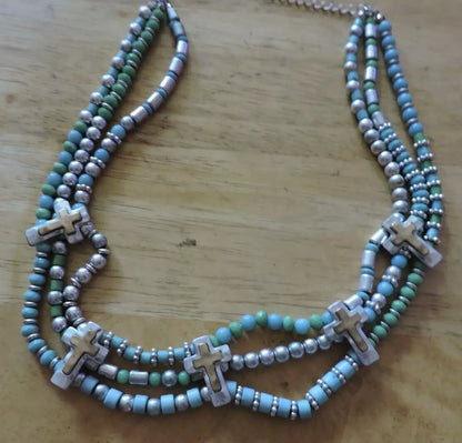 BLUE/SILVER BEADED NECKLACE WITH 5 CRUCIFIXES