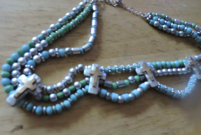 BLUE/SILVER BEADED NECKLACE WITH 5 CRUCIFIXES