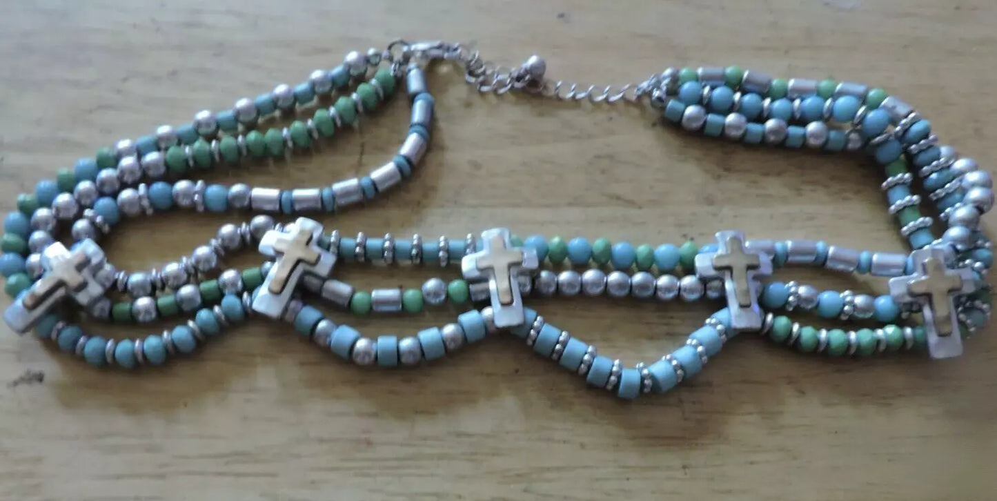 BLUE/SILVER BEADED NECKLACE WITH 5 CRUCIFIXES