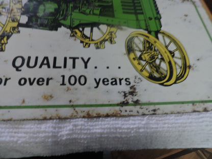 JOHN DEERE TRACTOR " QUALITY...FOR OVER 100 YEARS" METAL SIGN 16X12 INCHES