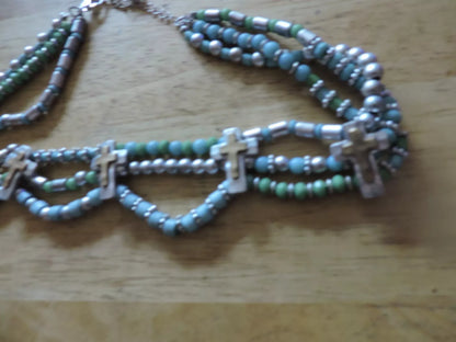 BLUE/SILVER BEADED NECKLACE WITH 5 CRUCIFIXES