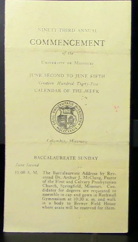 1935 University of Missouri, COMMENCEMENT Calendar