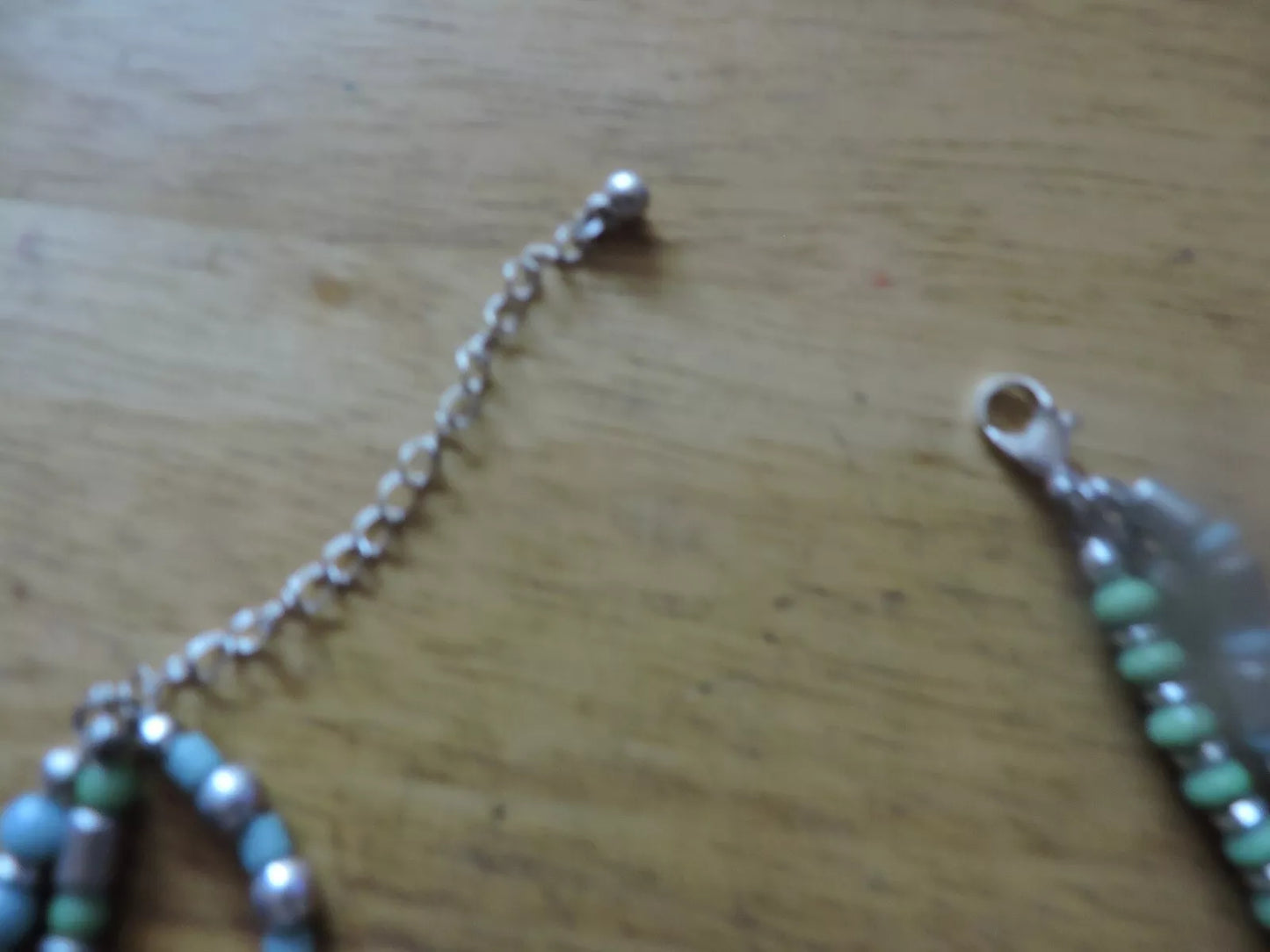 BLUE/SILVER BEADED NECKLACE WITH 5 CRUCIFIXES