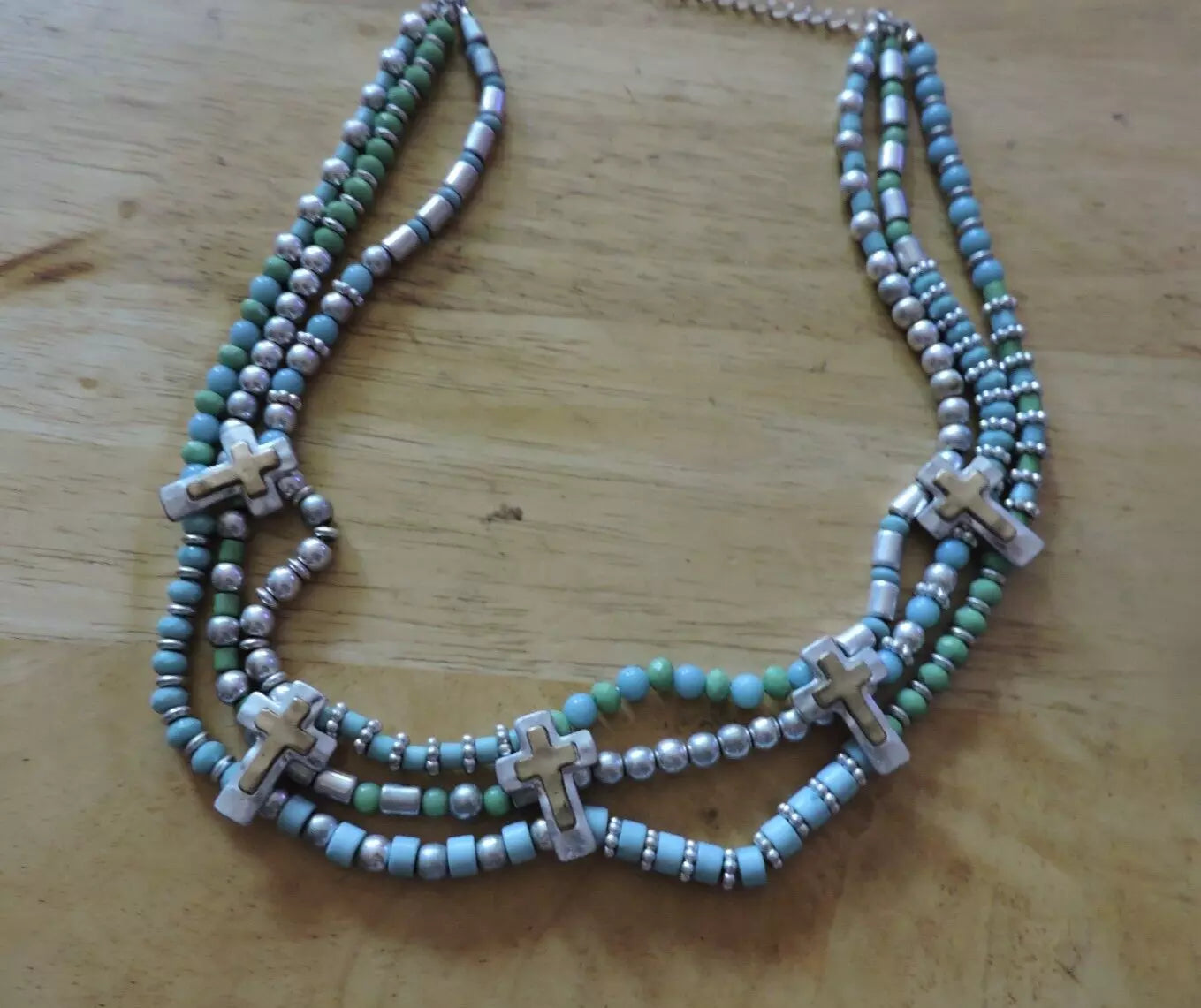 BLUE/SILVER BEADED NECKLACE WITH 5 CRUCIFIXES