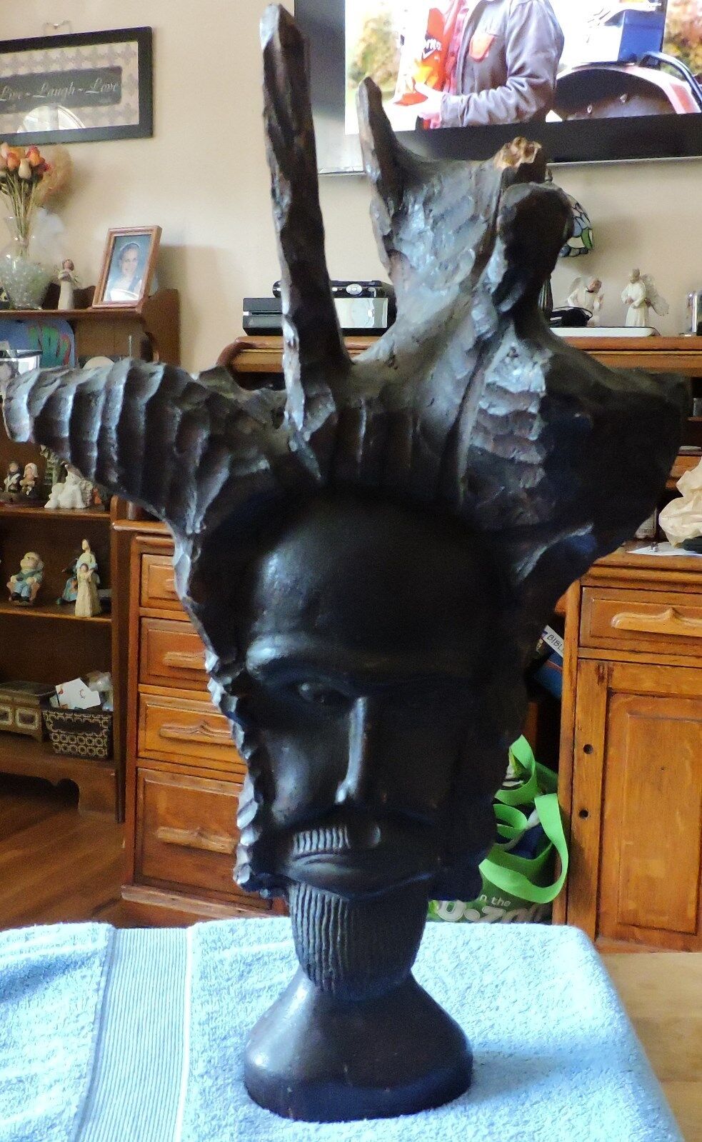 Vintage Handcarved Driftwood Art-Tribal Leader with HeadDress-Very Detailed