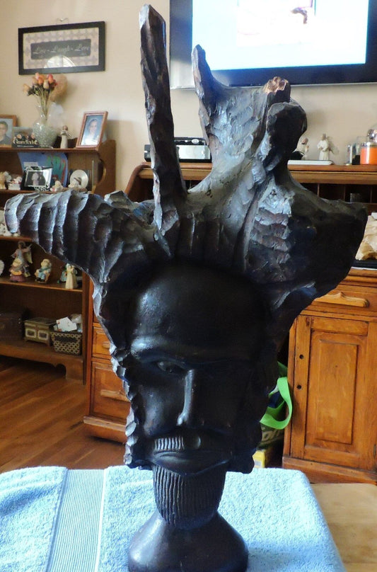 Vintage Handcarved Driftwood Art-Tribal Leader with HeadDress-Very Detailed