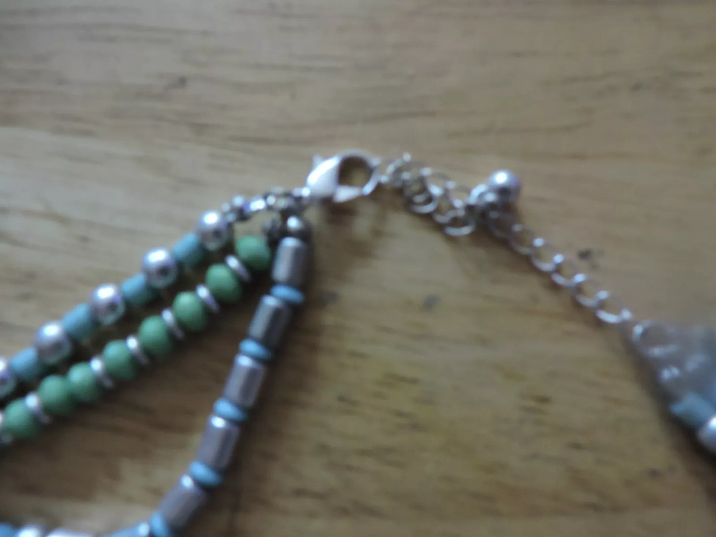 BLUE/SILVER BEADED NECKLACE WITH 5 CRUCIFIXES