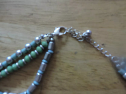 BLUE/SILVER BEADED NECKLACE WITH 5 CRUCIFIXES