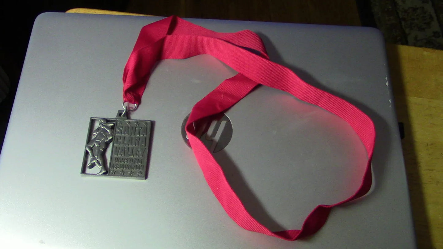 SQUARE SANTA CLARA VALLEY WESTLING ASSSOCIATION MEDAL-WITH RED RIBBON