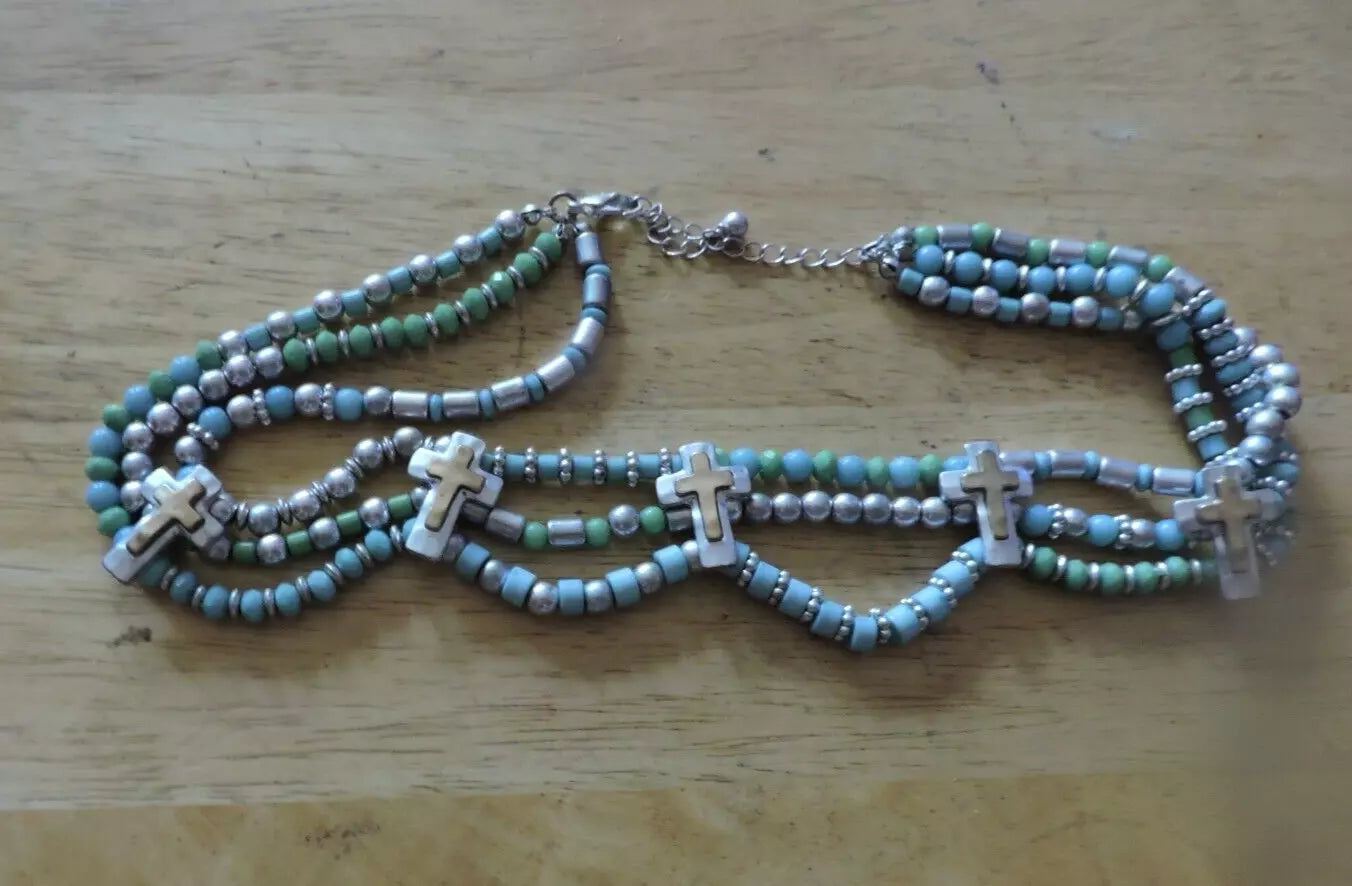 BLUE/SILVER BEADED NECKLACE WITH 5 CRUCIFIXES