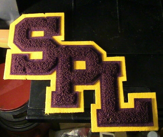 Athletic Letter, "SPL" Purple on Gold Background
