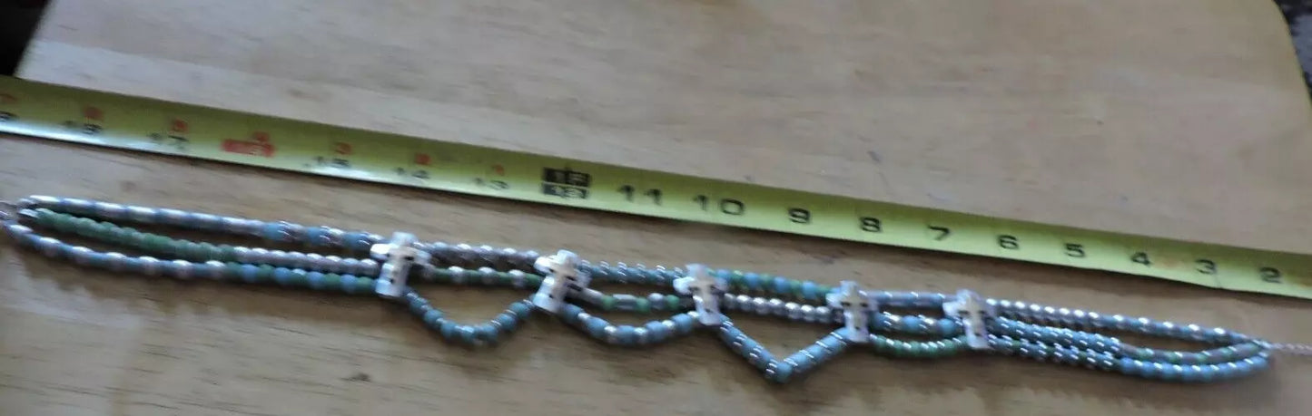BLUE/SILVER BEADED NECKLACE WITH 5 CRUCIFIXES