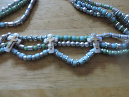 BLUE/SILVER BEADED NECKLACE WITH 5 CRUCIFIXES