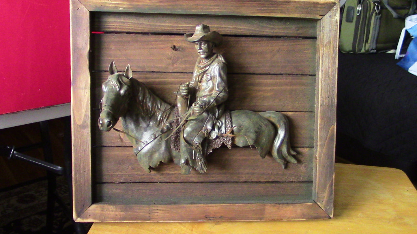 Brass Western Scene: Wood Frame (Made from Pallets) Horse and Cowboy Rider